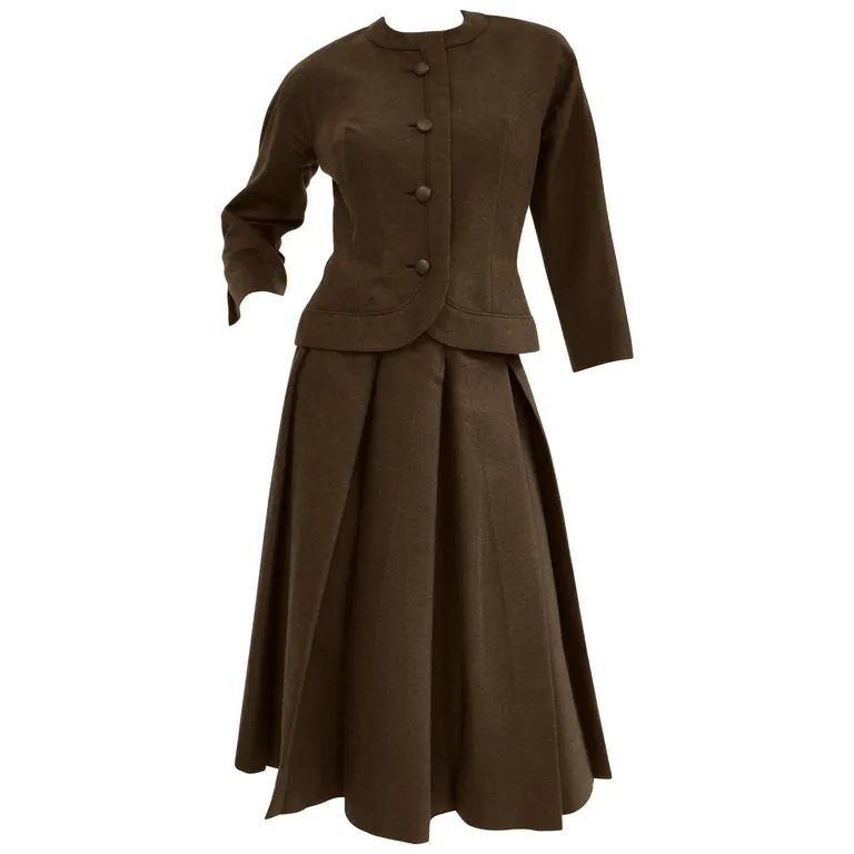 1950s Christian Dior Espresso Brown Wool "New Look" Skirt Suit