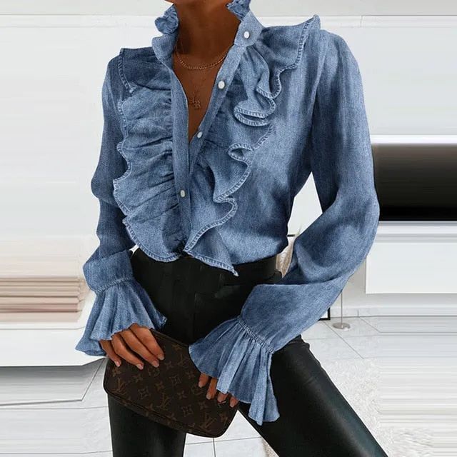 2021 Summer Elegant Polka Dot Ruffle blouse shirts Women Autumn Long Sleeve V-Neck Pullover Tops Sizes S - 3XL