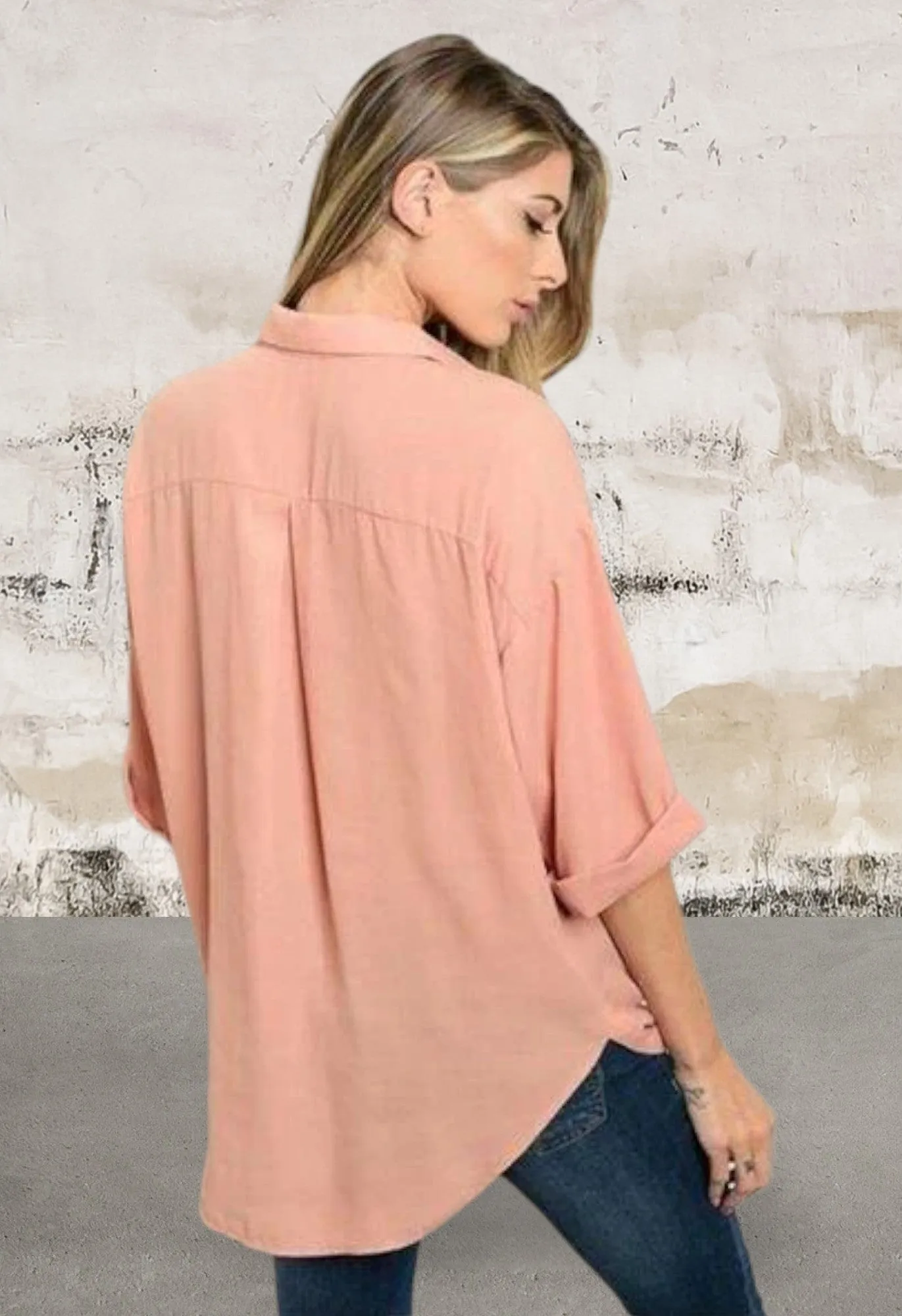 3/4" sleeve drape front chiffon blush top