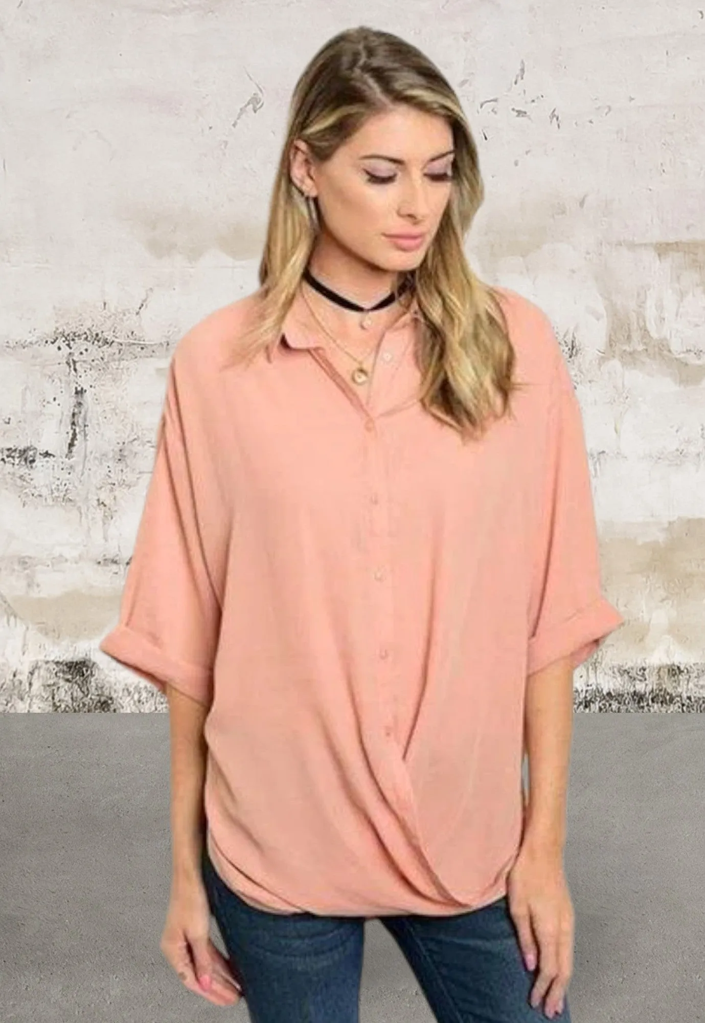 3/4" sleeve drape front chiffon blush top