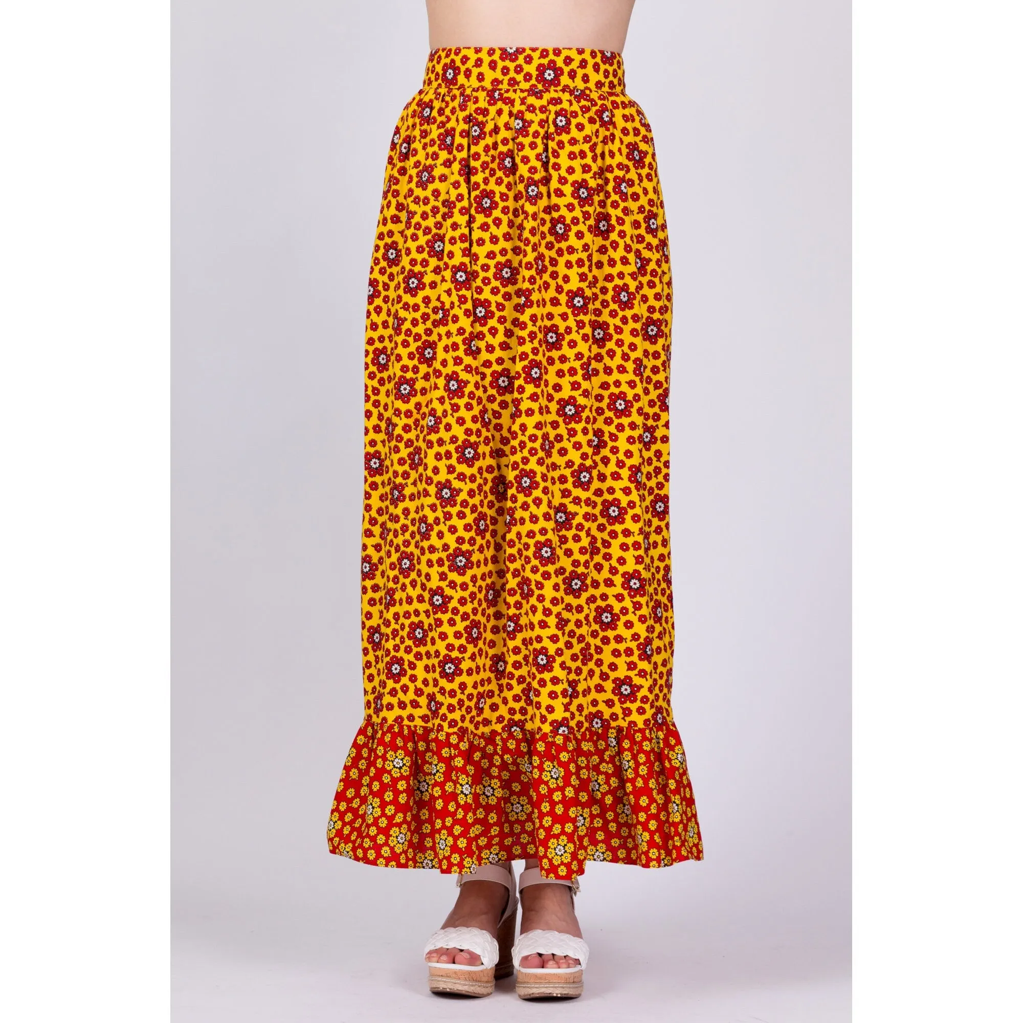 70s Floral Kaleidoscope Print Maxi Skirt - Small, 25.75"