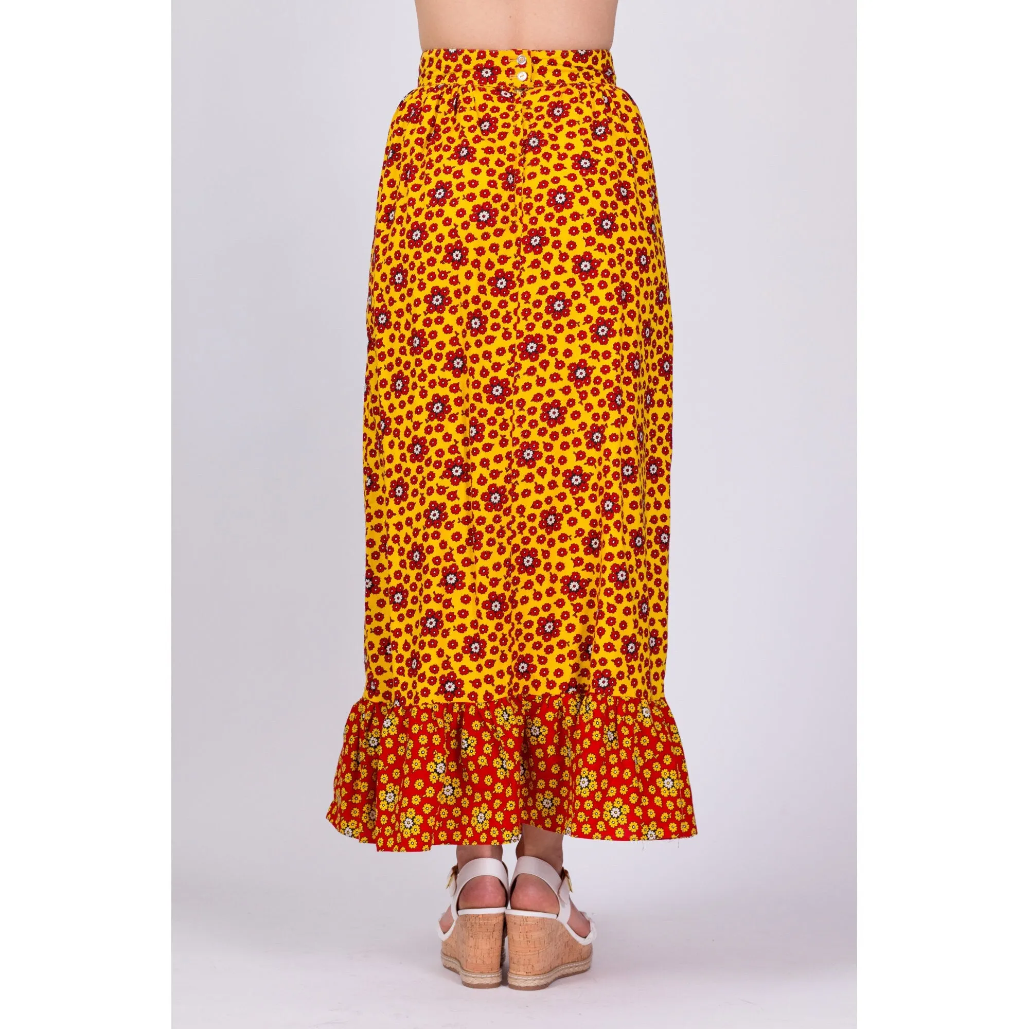 70s Floral Kaleidoscope Print Maxi Skirt - Small, 25.75"