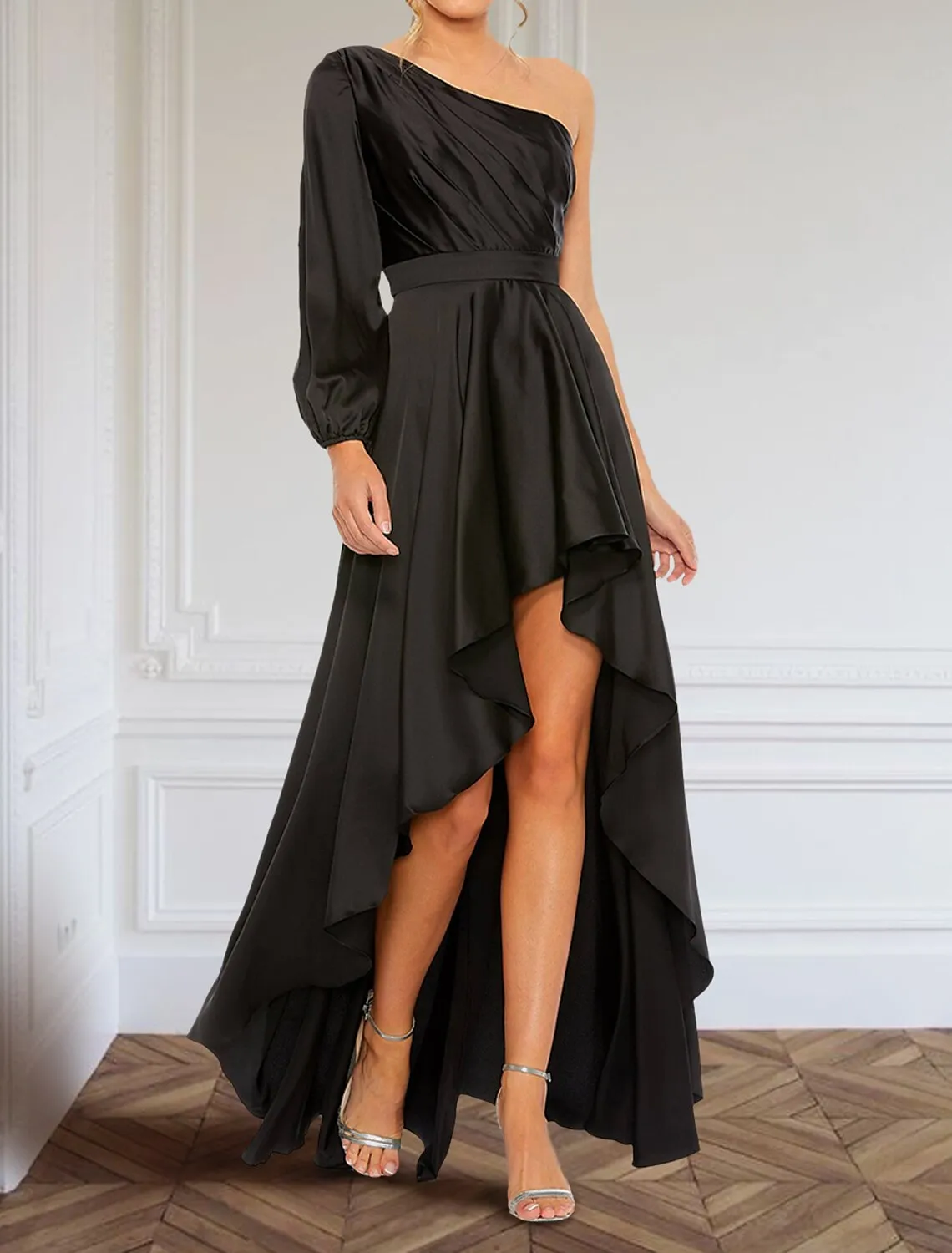 A-Line Evening Gown Elegant Dress Formal Asymmetrical Long Sleeve One Shoulder Charmeuse with Ruffles