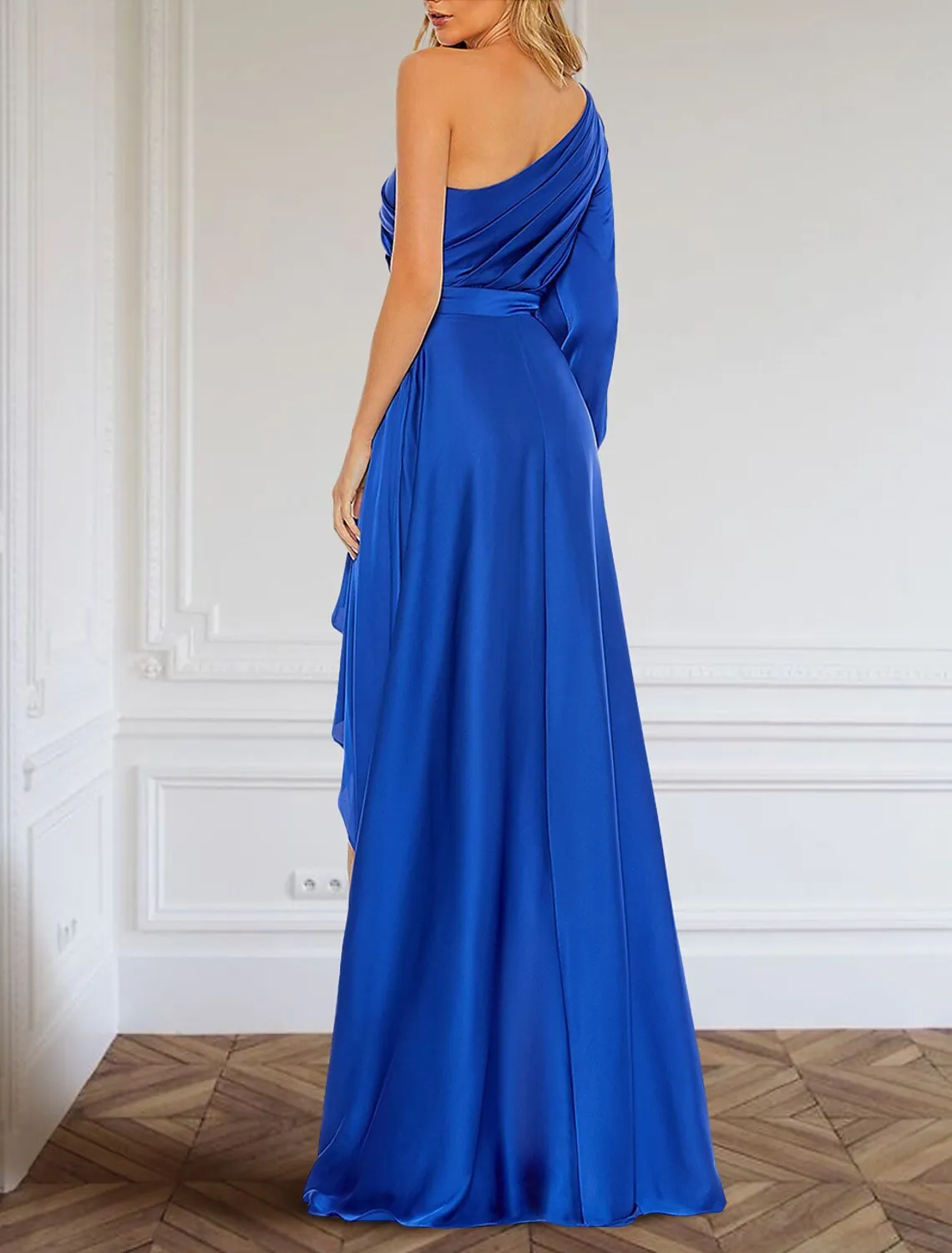 A-Line Evening Gown Elegant Dress Formal Asymmetrical Long Sleeve One Shoulder Charmeuse with Ruffles