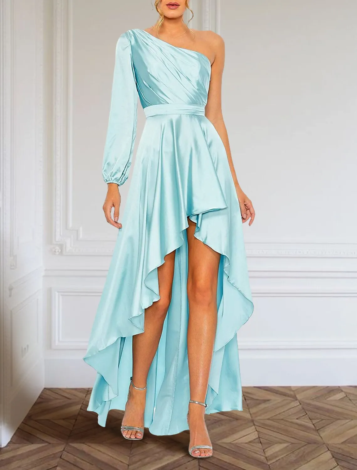 A-Line Evening Gown Elegant Dress Formal Asymmetrical Long Sleeve One Shoulder Charmeuse with Ruffles