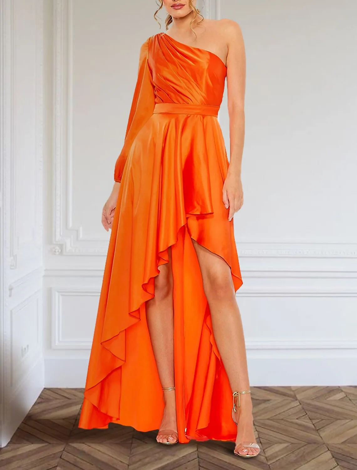 A-Line Evening Gown Elegant Dress Formal Asymmetrical Long Sleeve One Shoulder Charmeuse with Ruffles