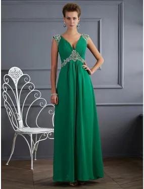 A-Line Evening Gown Sparkle & Shine Dress Formal Floor Length Sleeveless V Neck Chiffon with Rhinestone Ruched