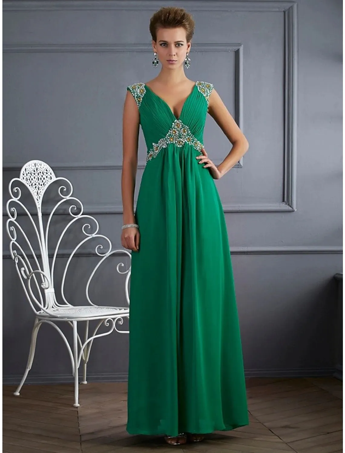 A-Line Evening Gown Sparkle & Shine Dress Formal Floor Length Sleeveless V Neck Chiffon with Rhinestone Ruched