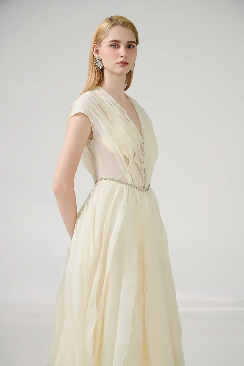 A-LINE PLEATED CHEST ORGANZA BEIGE GOWN