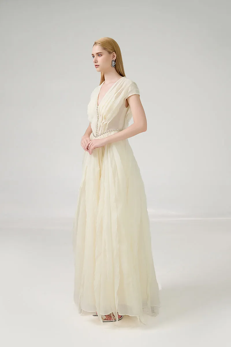 A-LINE PLEATED CHEST ORGANZA BEIGE GOWN