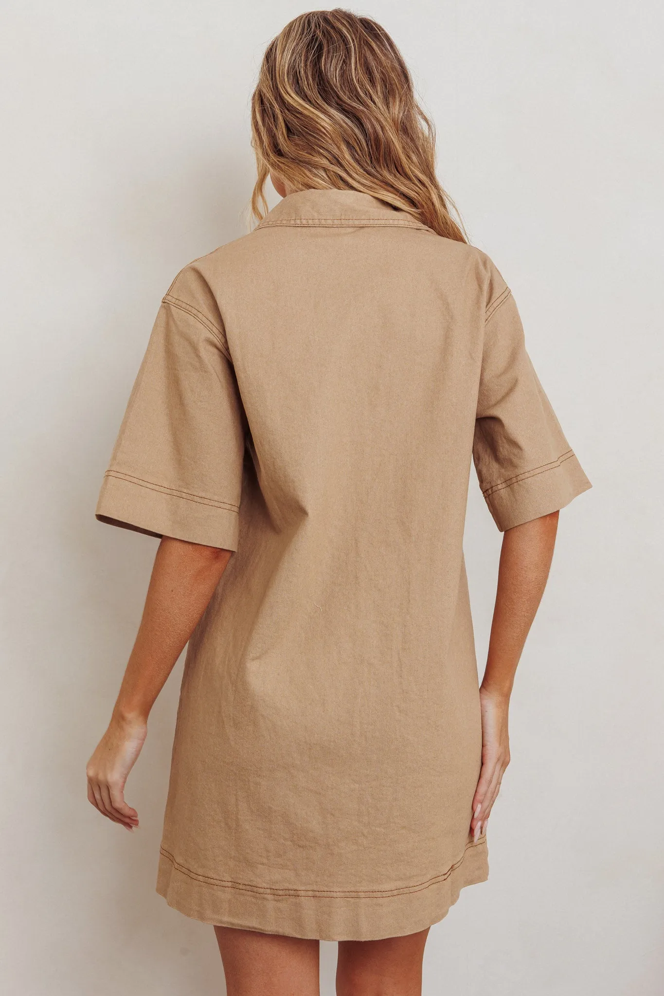 Admiration Contrast Stitching Boxy Mini Dress Beige