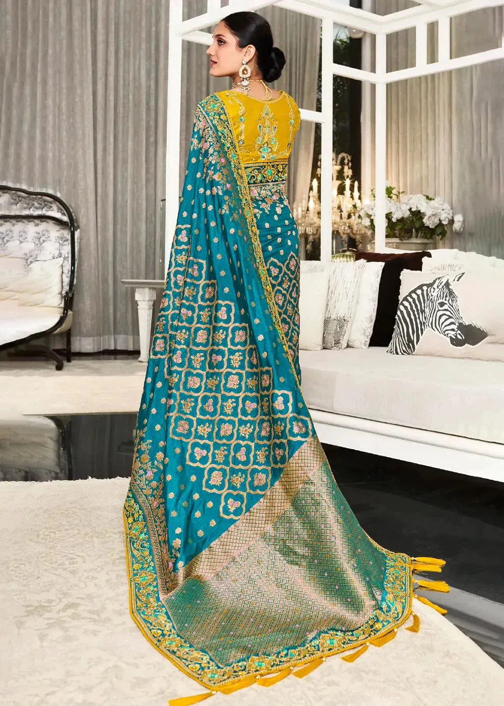 Air Force Blue Zari Weaving Satin Silk Saree with Embroidery Border