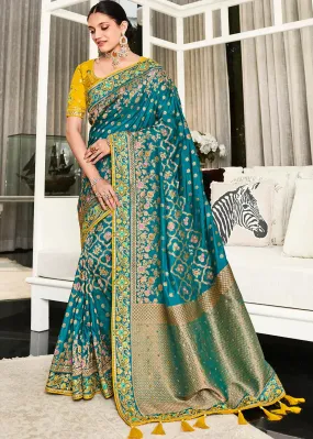 Air Force Blue Zari Weaving Satin Silk Saree with Embroidery Border