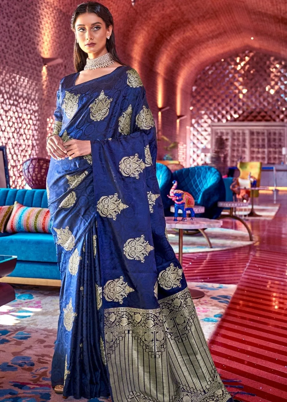 Berry Blue Satin Silk Saree with overall Golden Butti