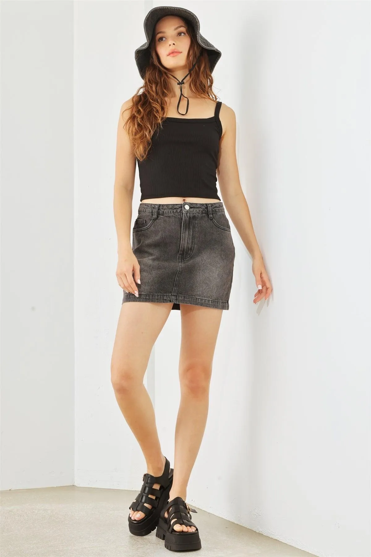 Black Denim Cotton Five Pocket High Waist Mini Skirt /3-2-1