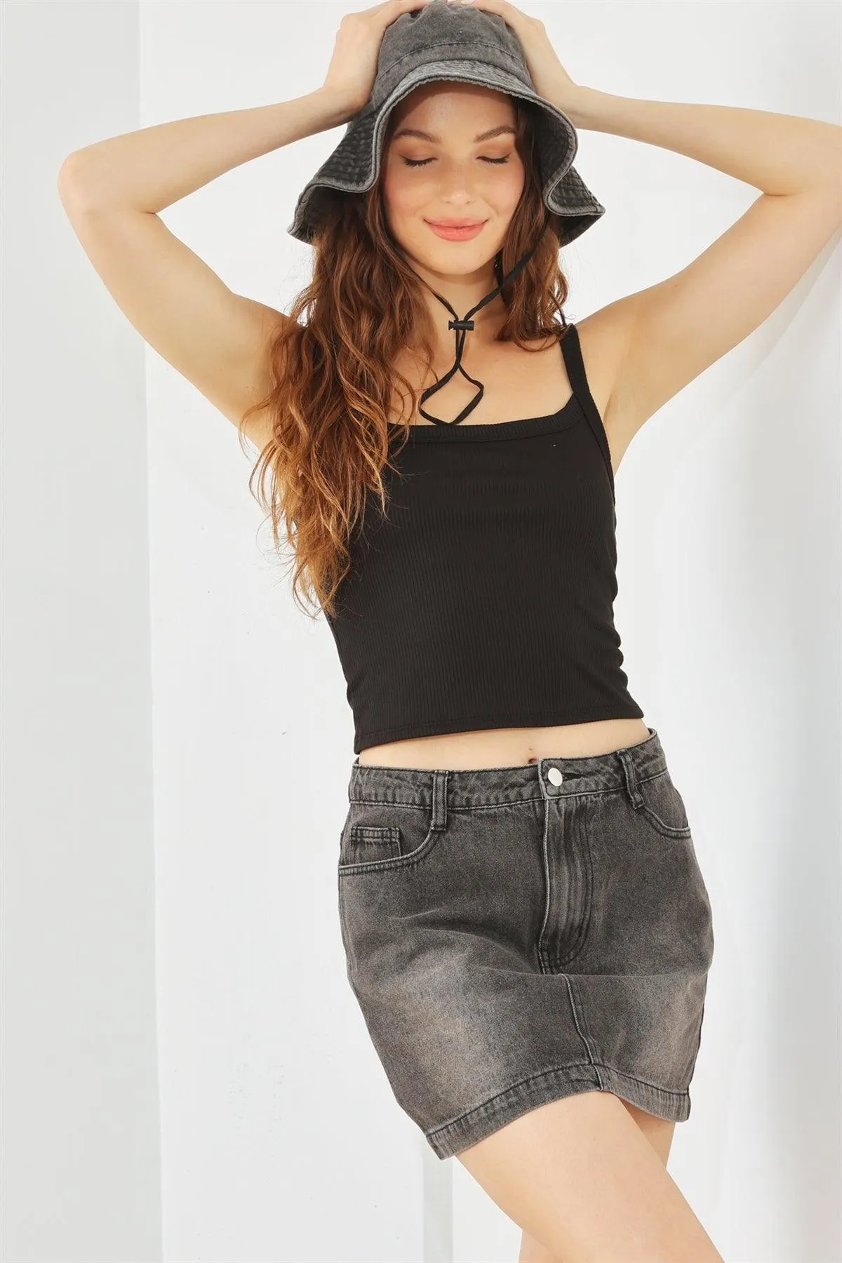 Black Denim Cotton Five Pocket High Waist Mini Skirt /3-2-1