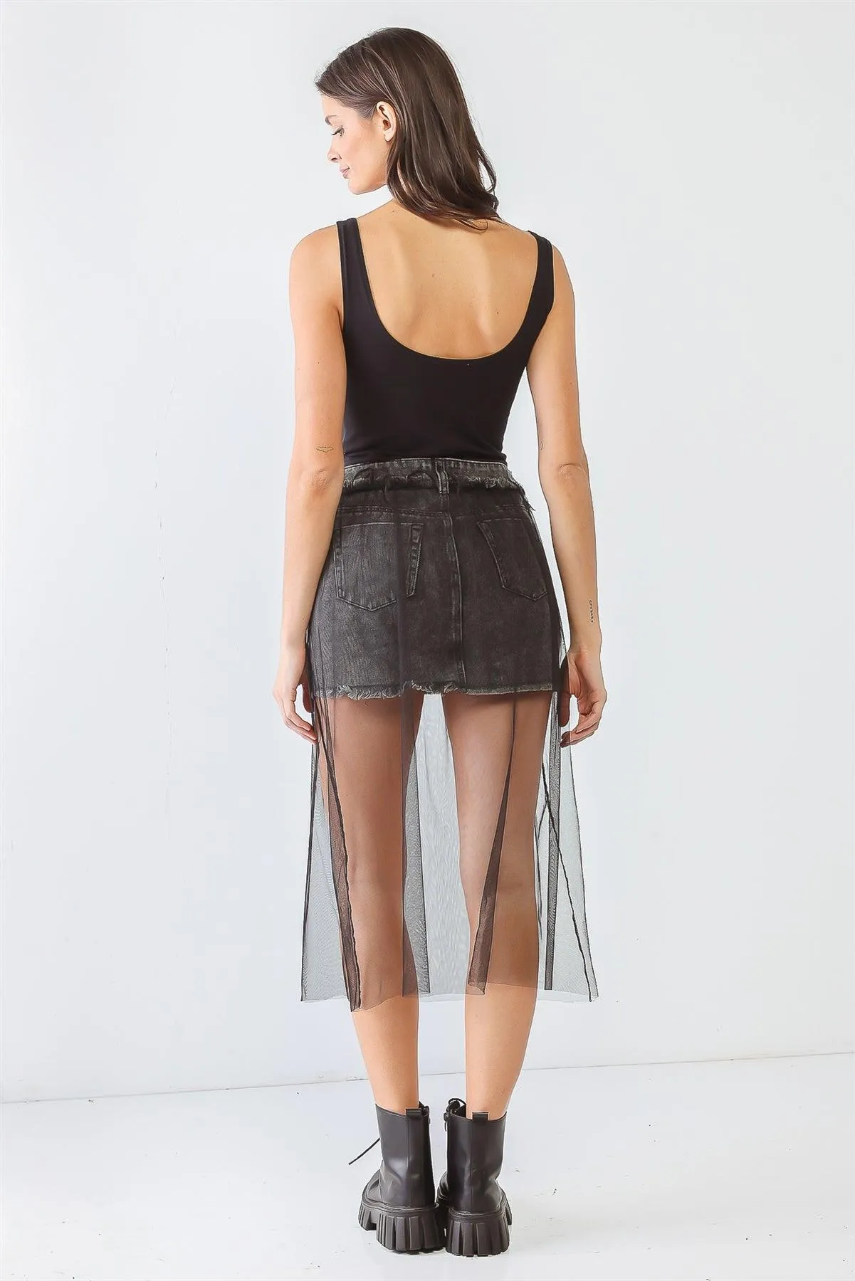 Black Denim Mesh Five Pocket Trim Hem Mini Skirt