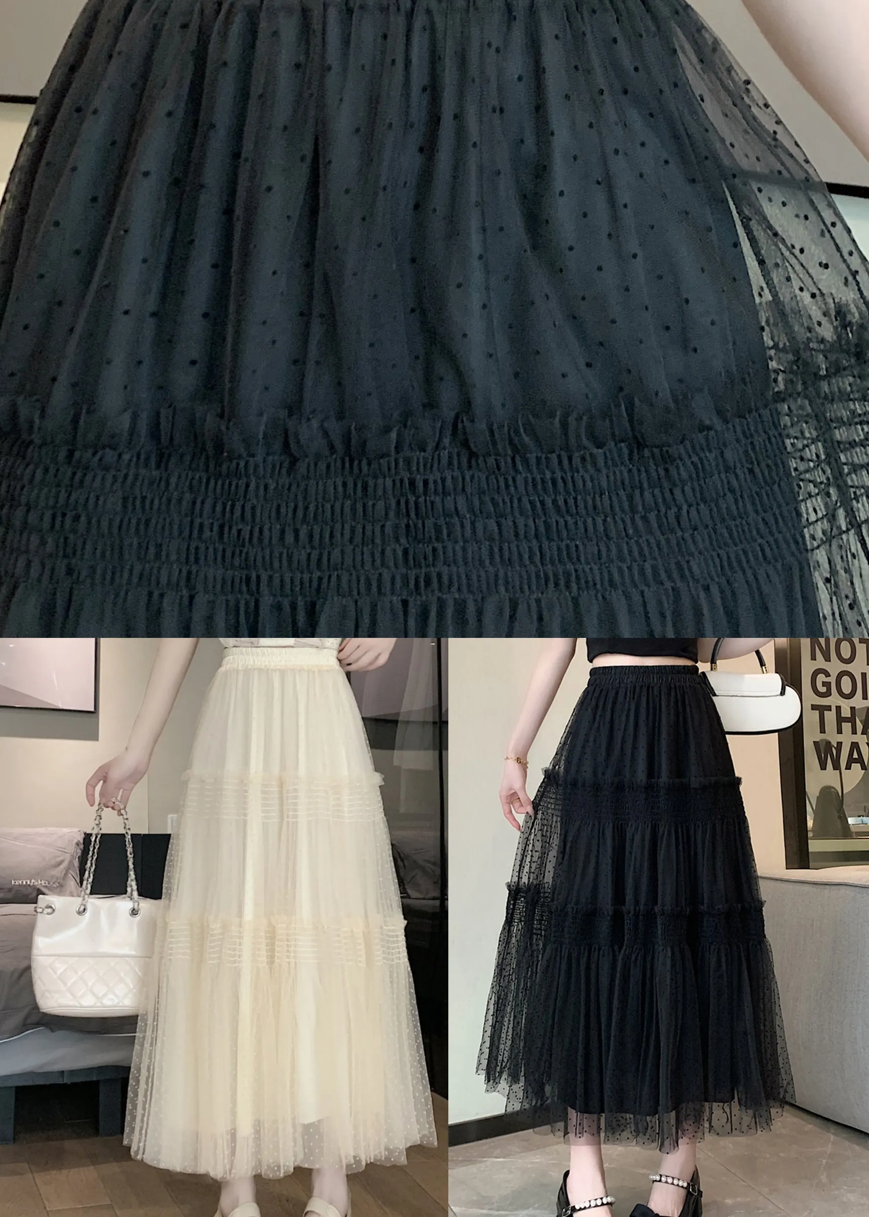 Black Patchwork Italian Tulle Skirt Ruffled Elastic Waist Spring QQ1059