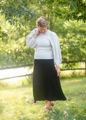 Black Ribbed Button Front Midi Skirt