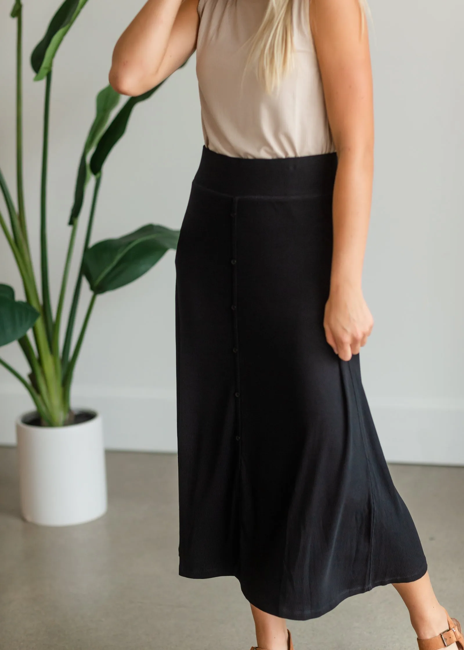 Black Ribbed Button Front Midi Skirt