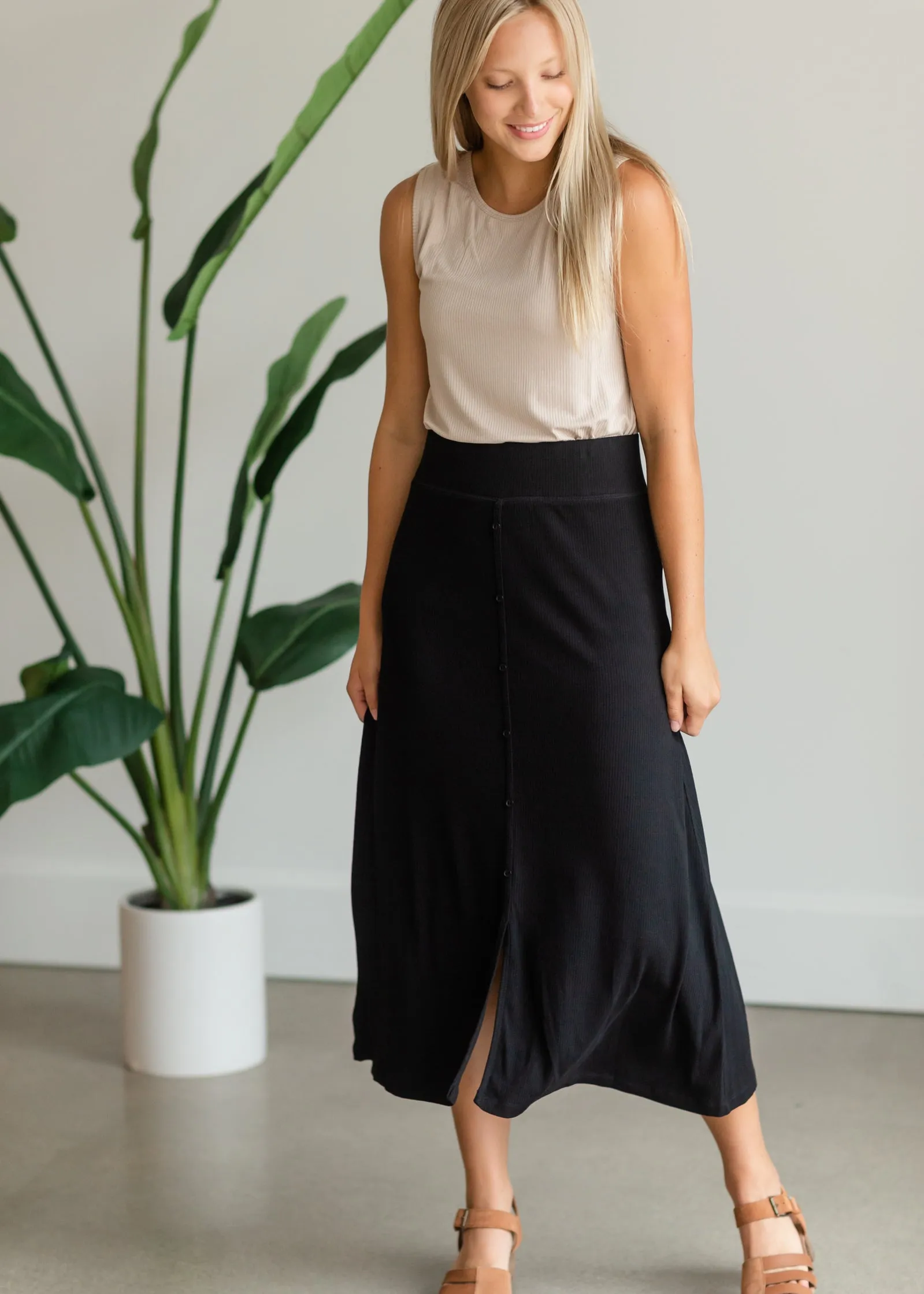 Black Ribbed Button Front Midi Skirt