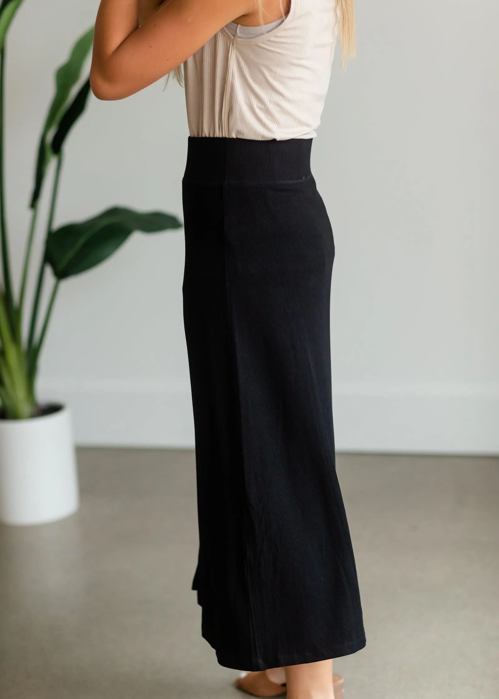 Black Ribbed Button Front Midi Skirt