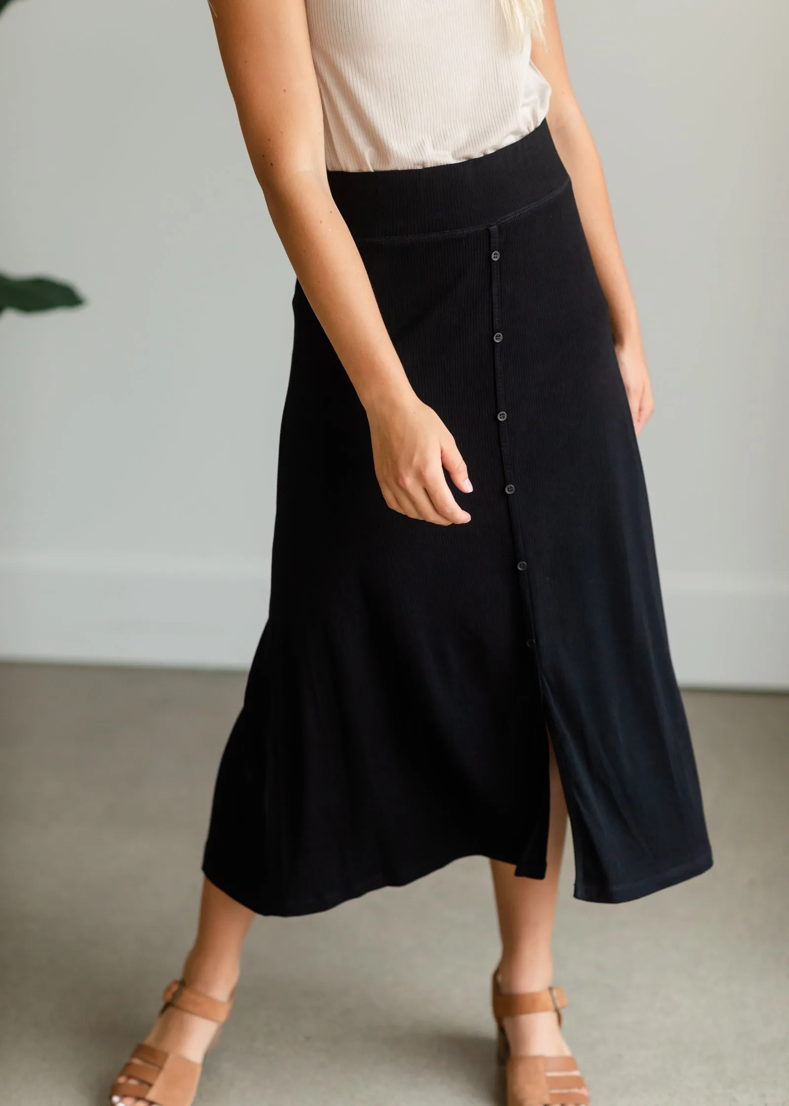 Black Ribbed Button Front Midi Skirt