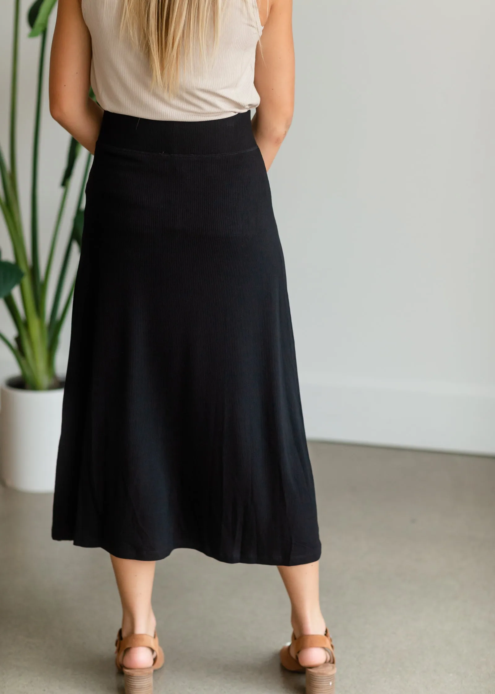 Black Ribbed Button Front Midi Skirt