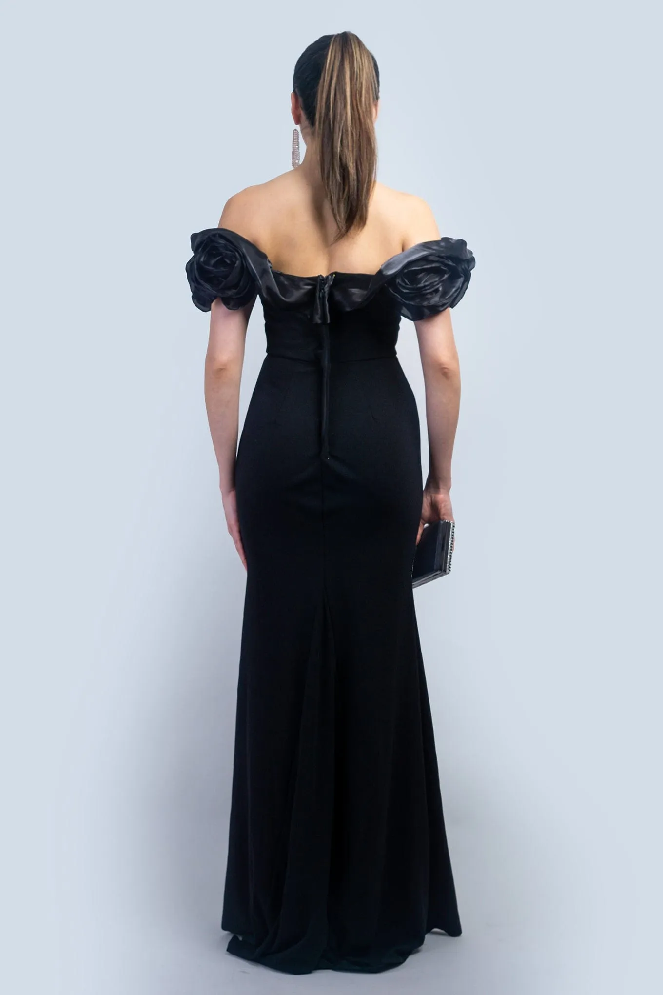 Black Sweetheart Rosette Shoulder Gown