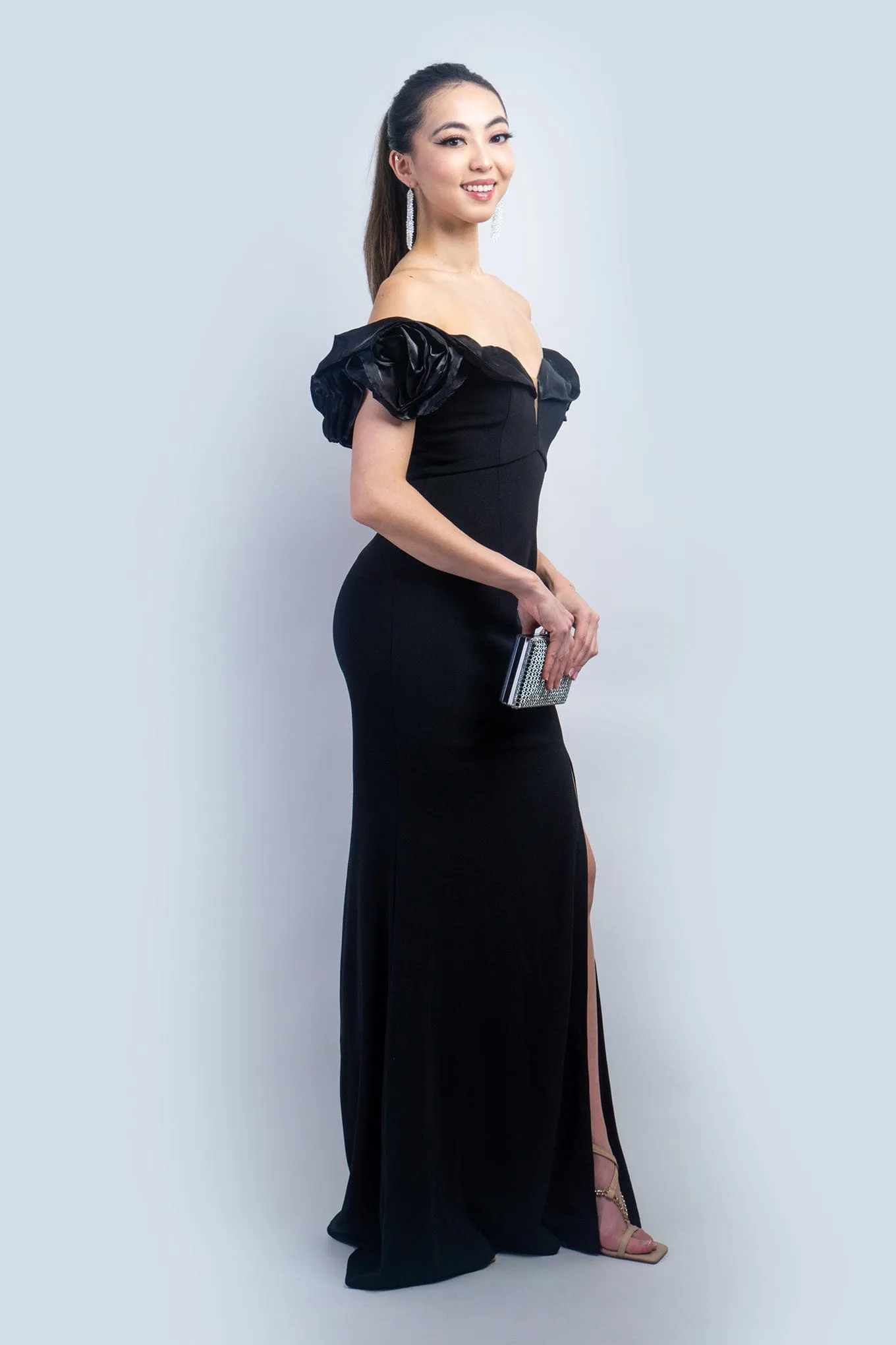 Black Sweetheart Rosette Shoulder Gown