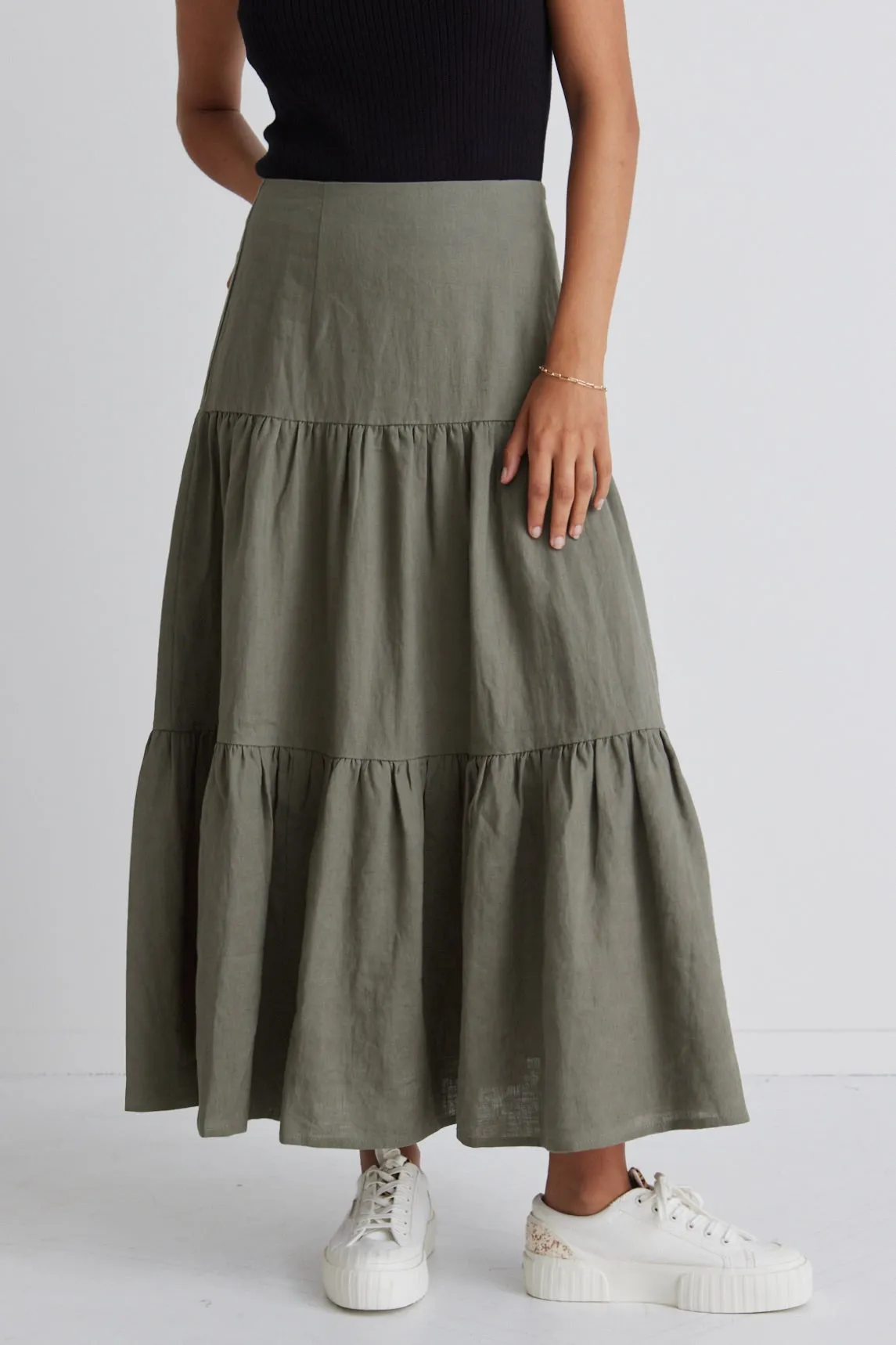 Blazing Moss Tiered Linen Midi Skirt