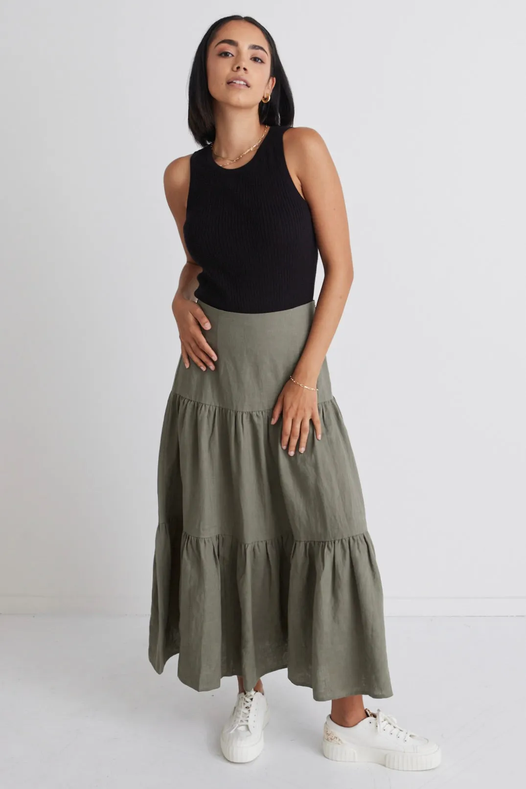 Blazing Moss Tiered Linen Midi Skirt