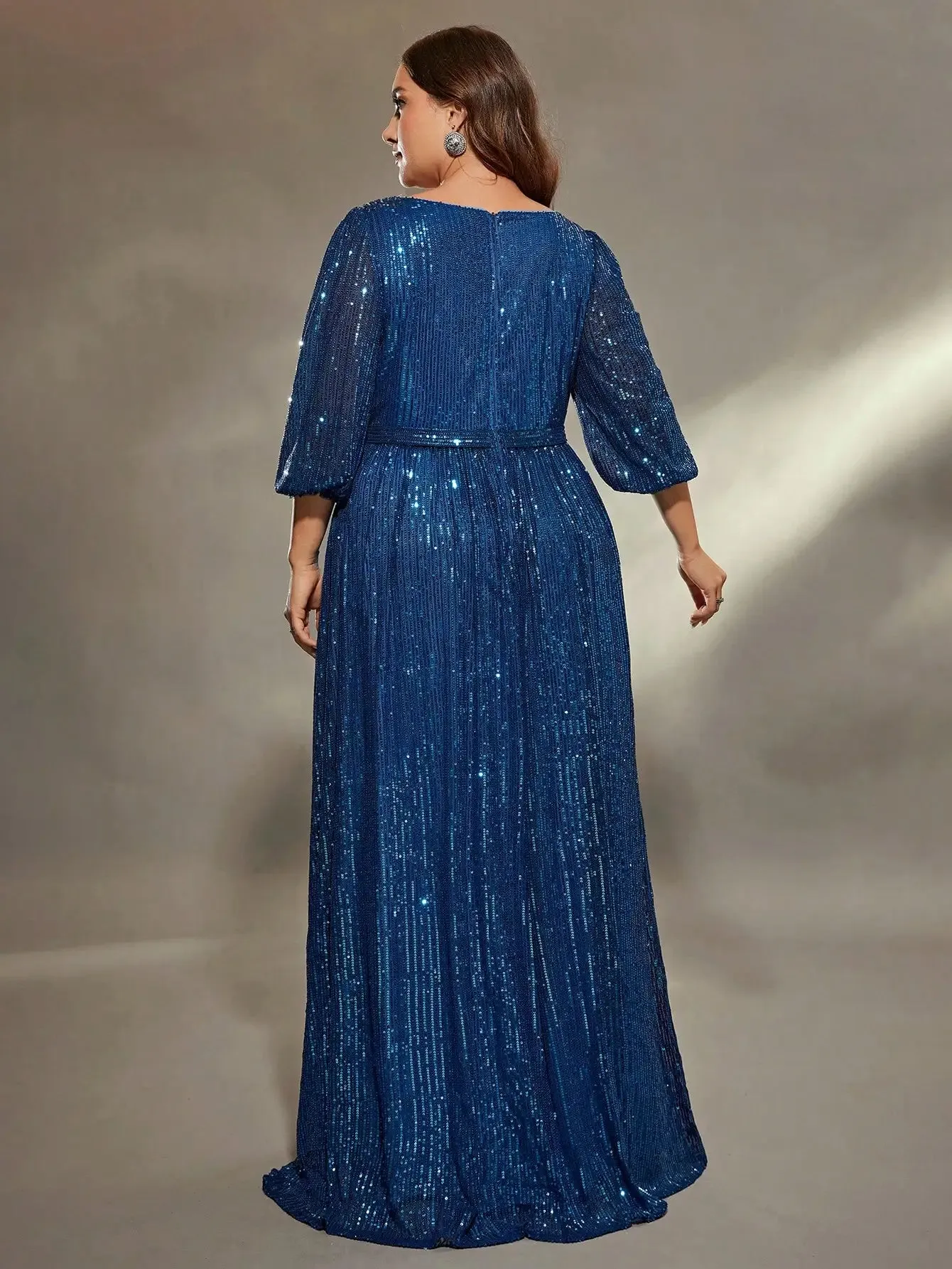 Blue Plus Size V Neck Pleated Sequin Evening Party Dress