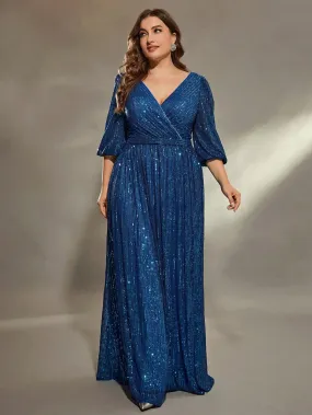 Blue Plus Size V Neck Pleated Sequin Evening Party Dress