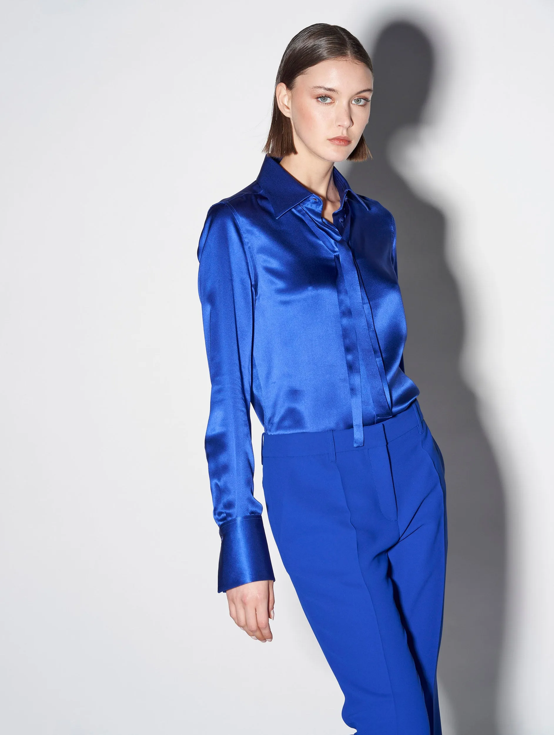 Blue silk satin pussybow blouse