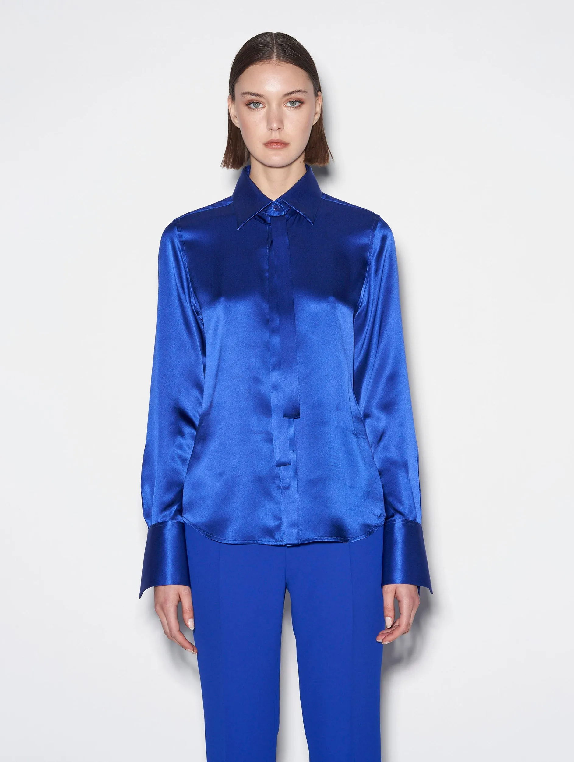 Blue silk satin pussybow blouse