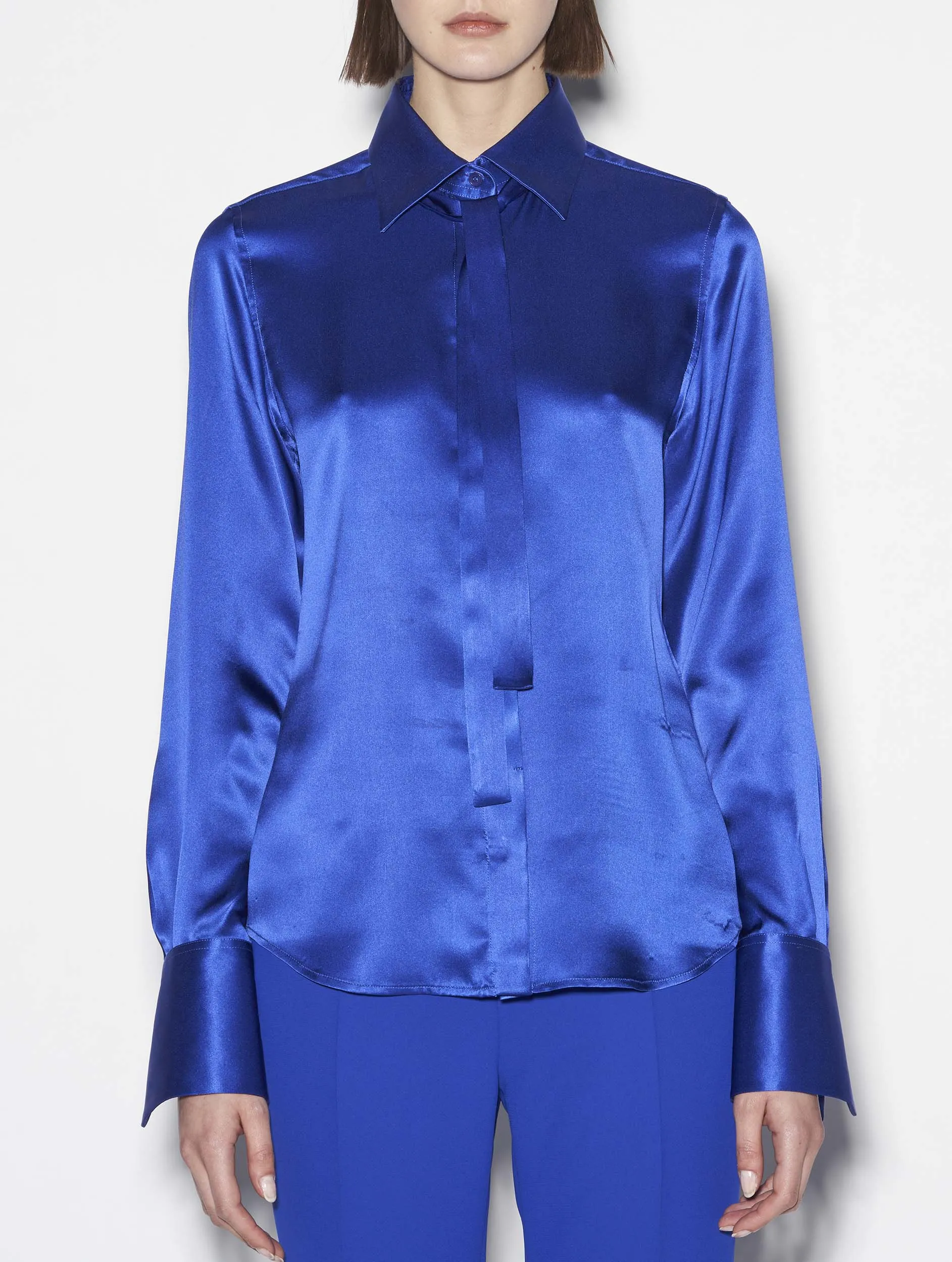 Blue silk satin pussybow blouse