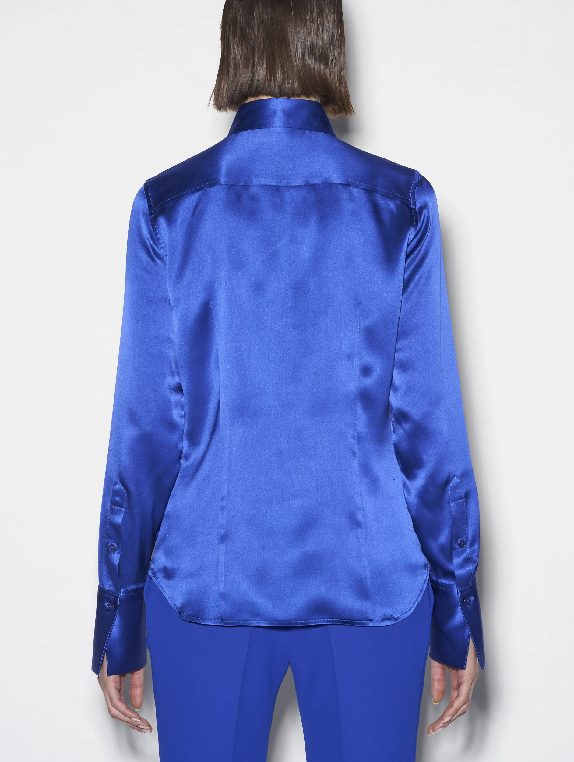 Blue silk satin pussybow blouse