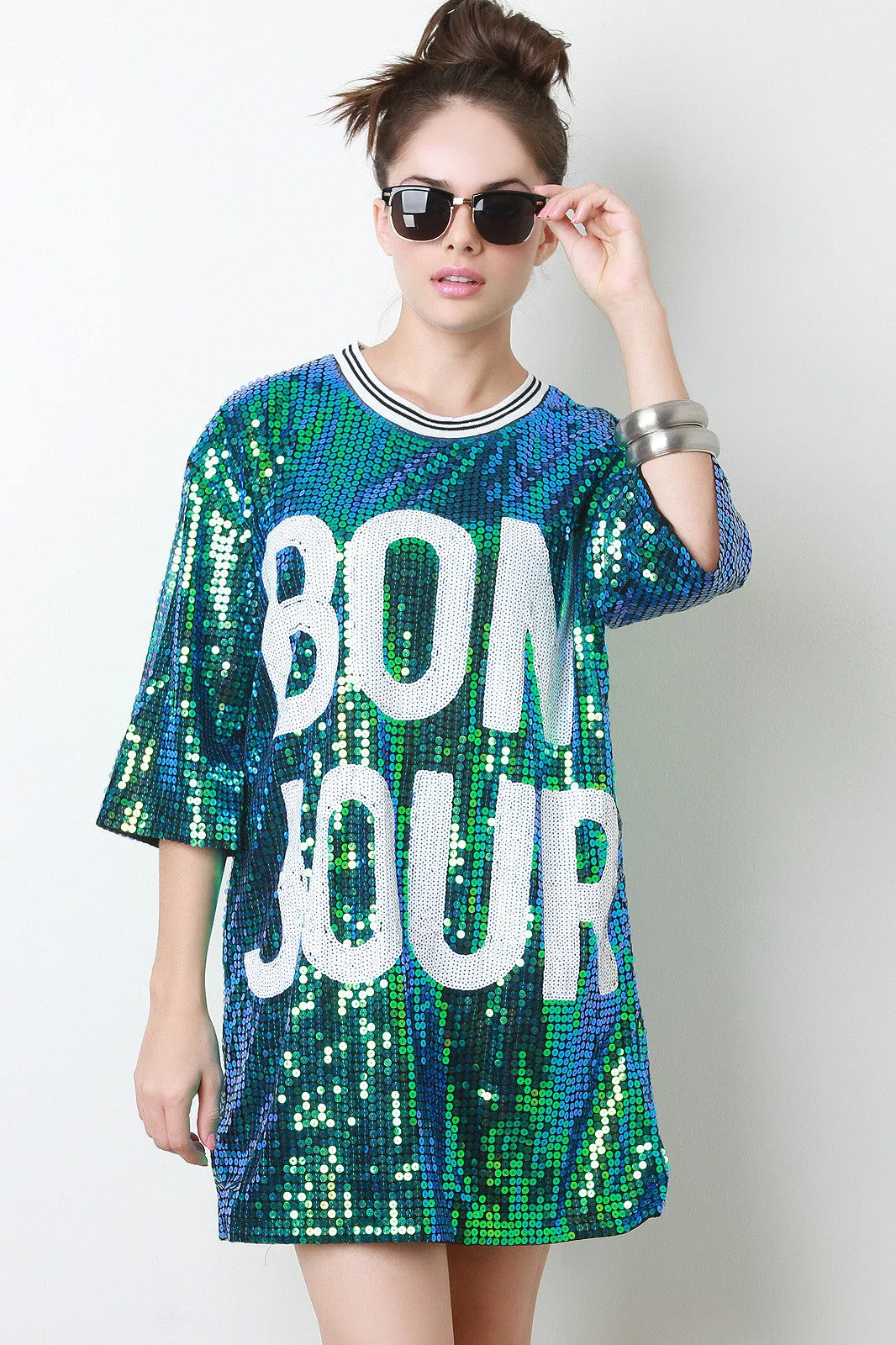 Bon Jour Sequin Short Sleeves Shift Dress