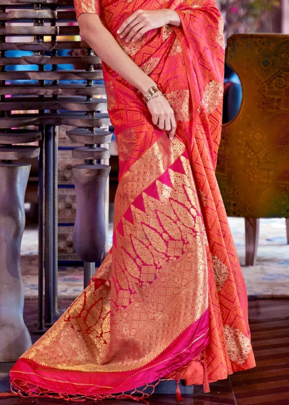 Brink Pink Satin Silk Saree with overall Golden Butti