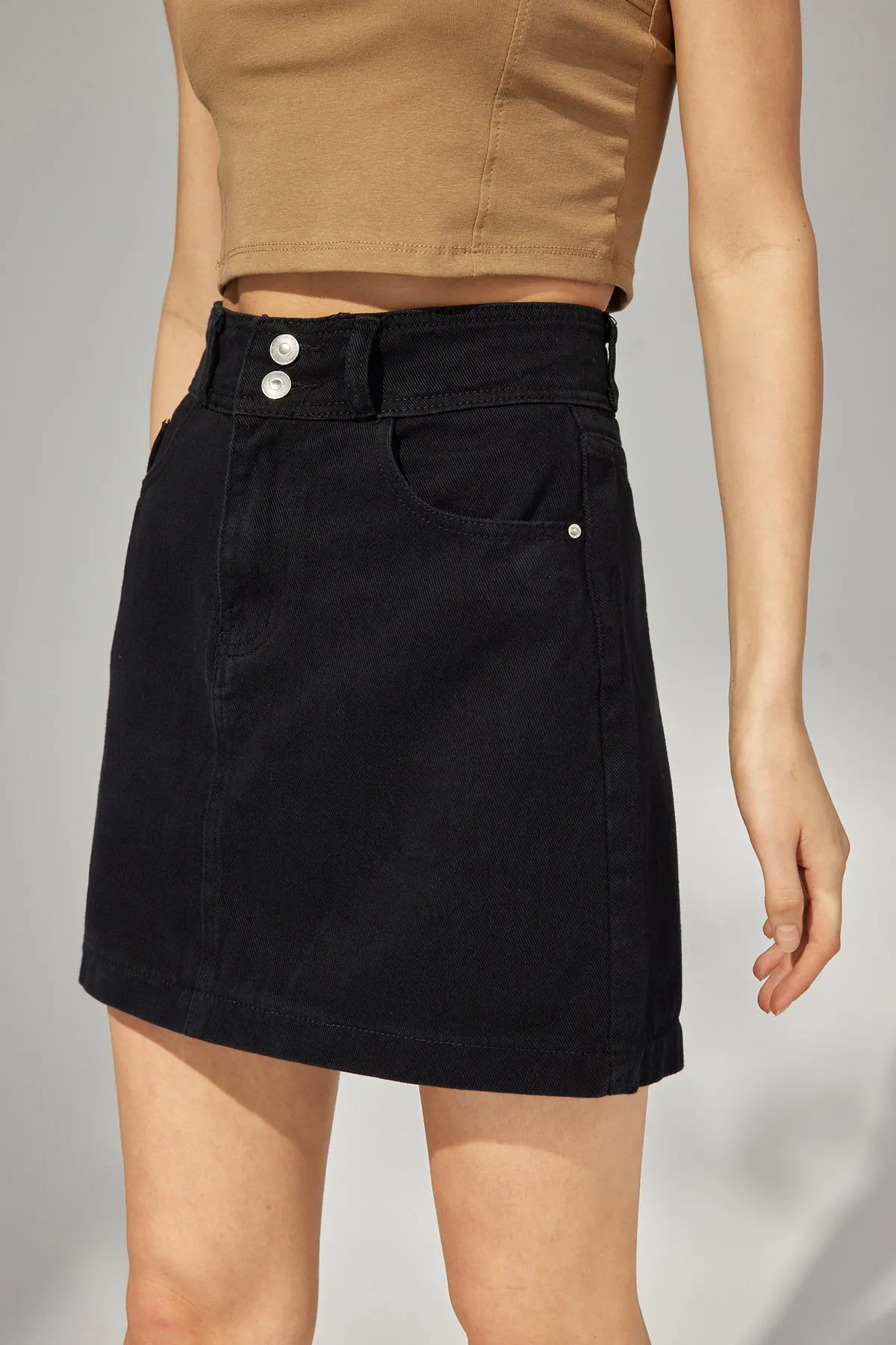 Button Pocket Washed A line Denim Skirt