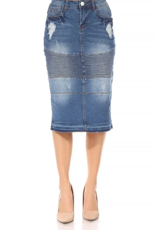 Button Waist Ribbed Ext Hem Denim Skirt