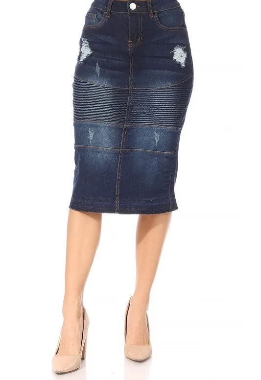 Button Waist Ribbed Ext Hem Denim Skirt