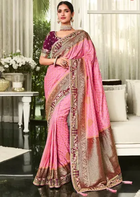 Carnation Pink Zari Weaving Satin Silk Saree with Embroidery Border