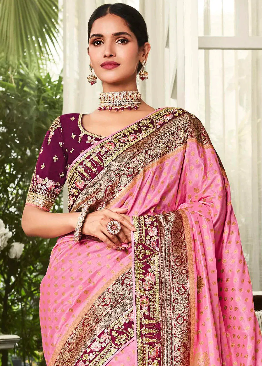 Carnation Pink Zari Weaving Satin Silk Saree with Embroidery Border