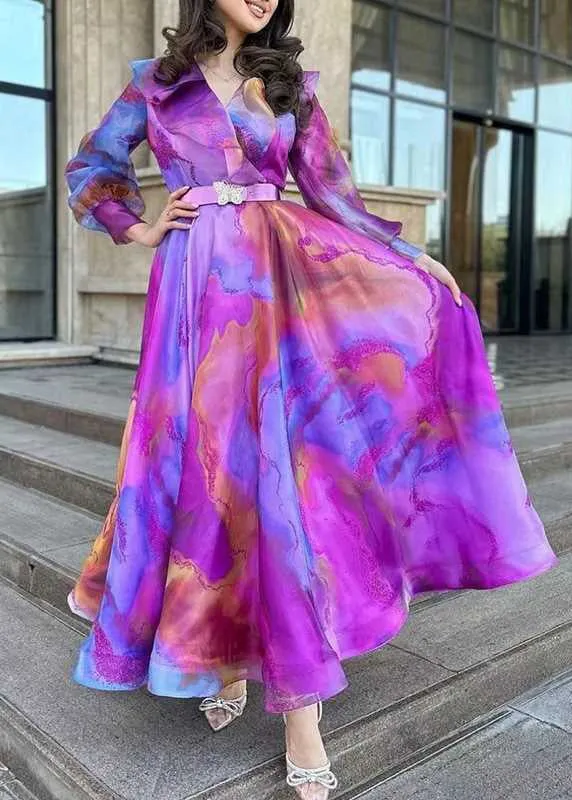 Chic Purple Print Sashes Tulle Patchwork Exra Large Hem Dress Spring WW1035