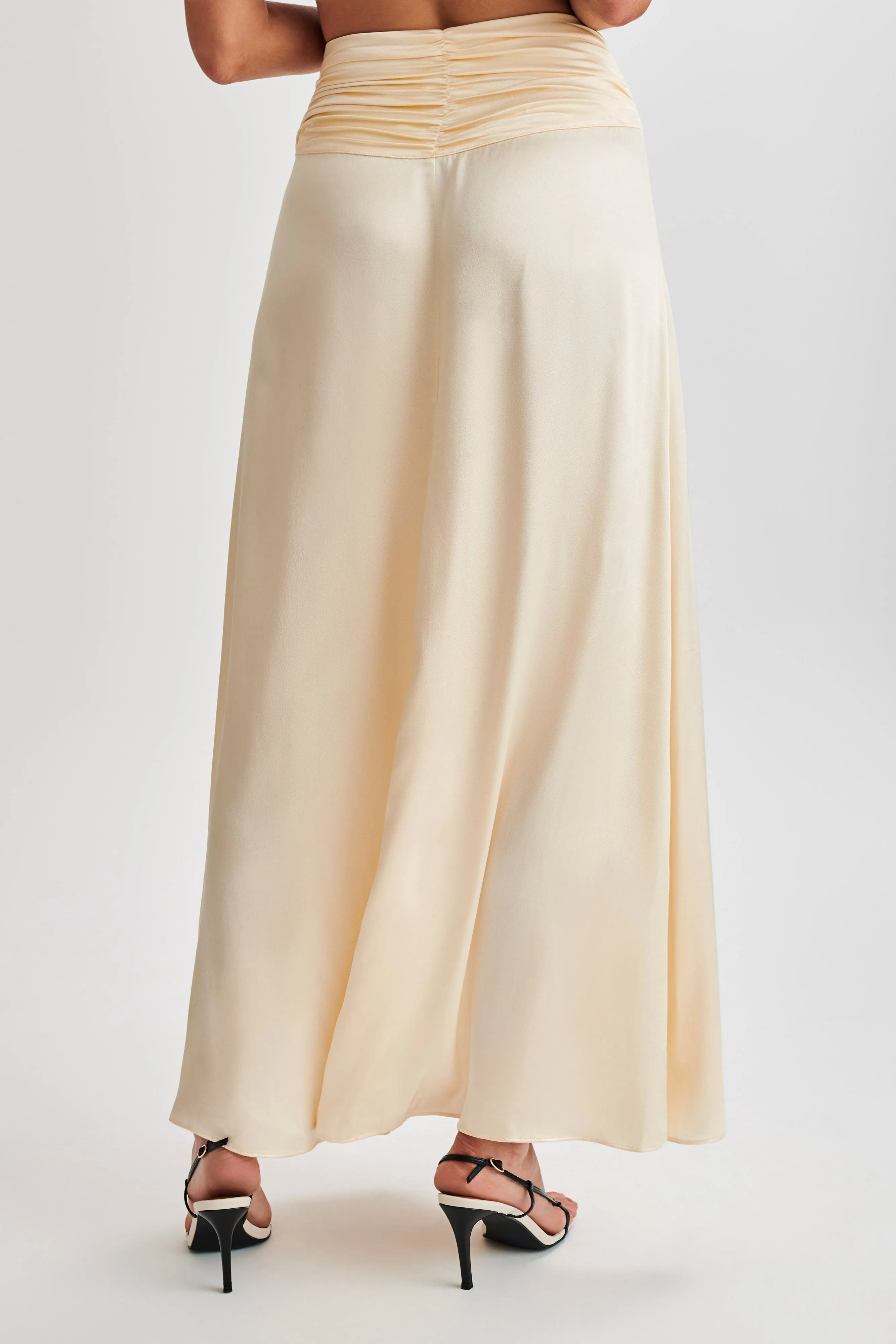 Clara Satin Ruched Maxi Skirt - Buttercream