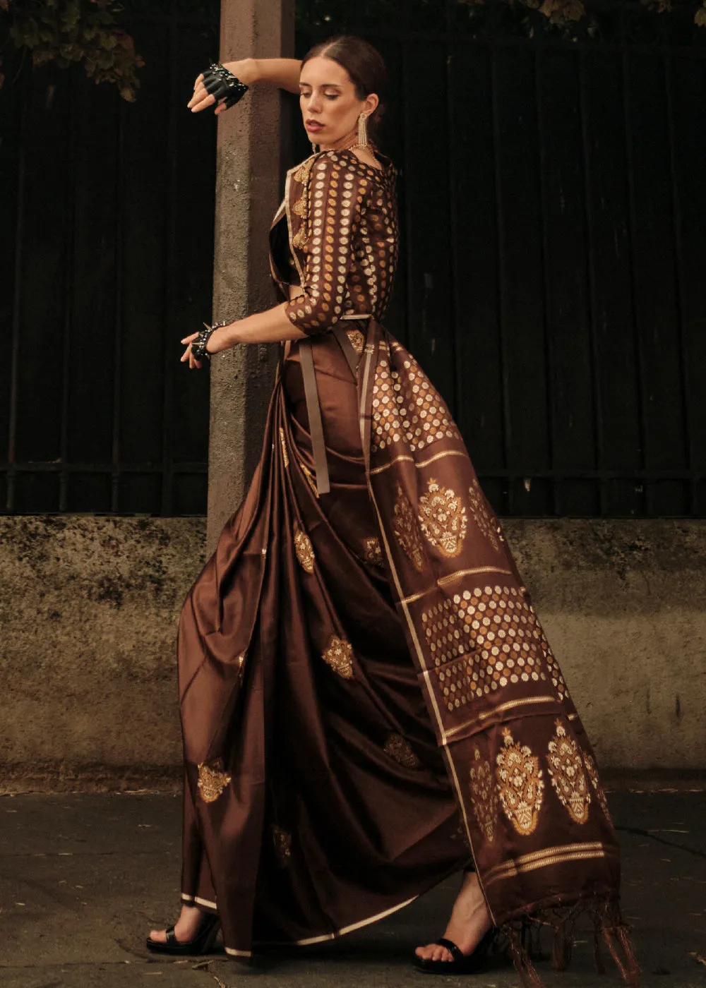 Coffee Brown Handloom Woven Satin Silk Saree