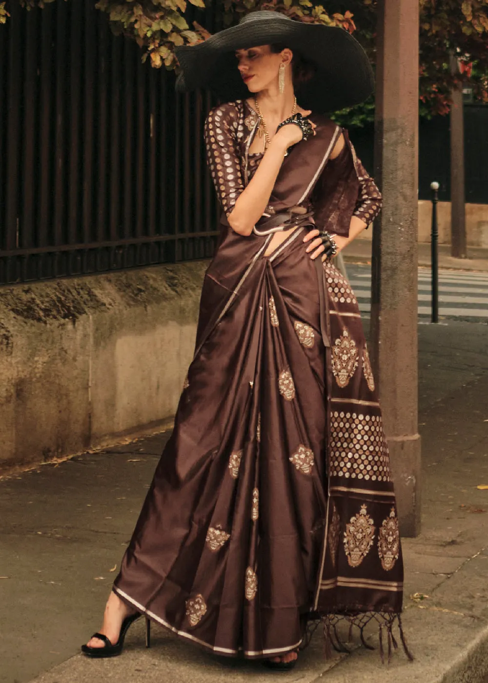 Coffee Brown Handloom Woven Satin Silk Saree