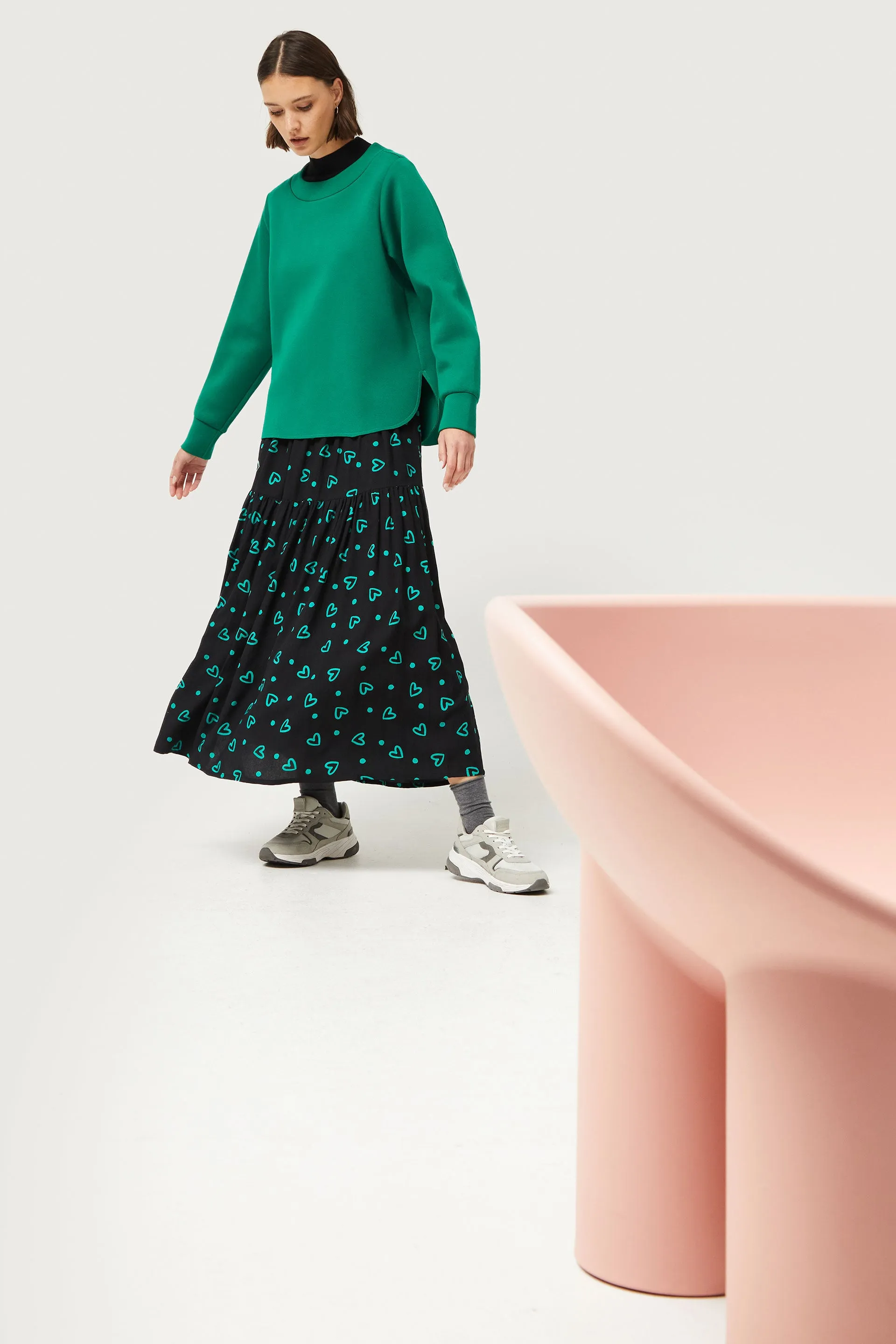 Compañia Fantastica - Green Doodle Heart Tiered Skirt